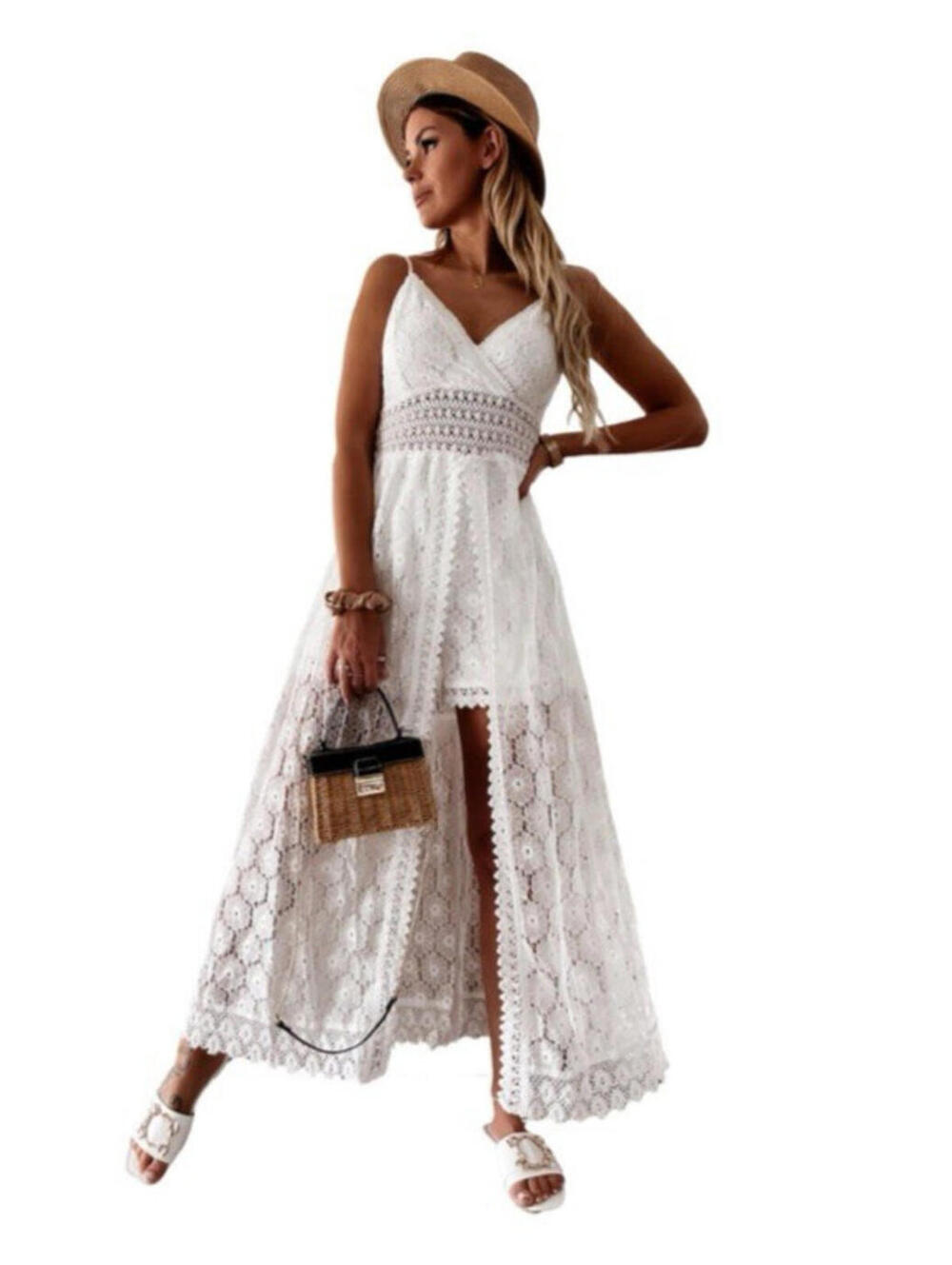 CUPSHE Ruching Smocking Jumpsuit Dress Slip Size XL White Lace V Neck NWT